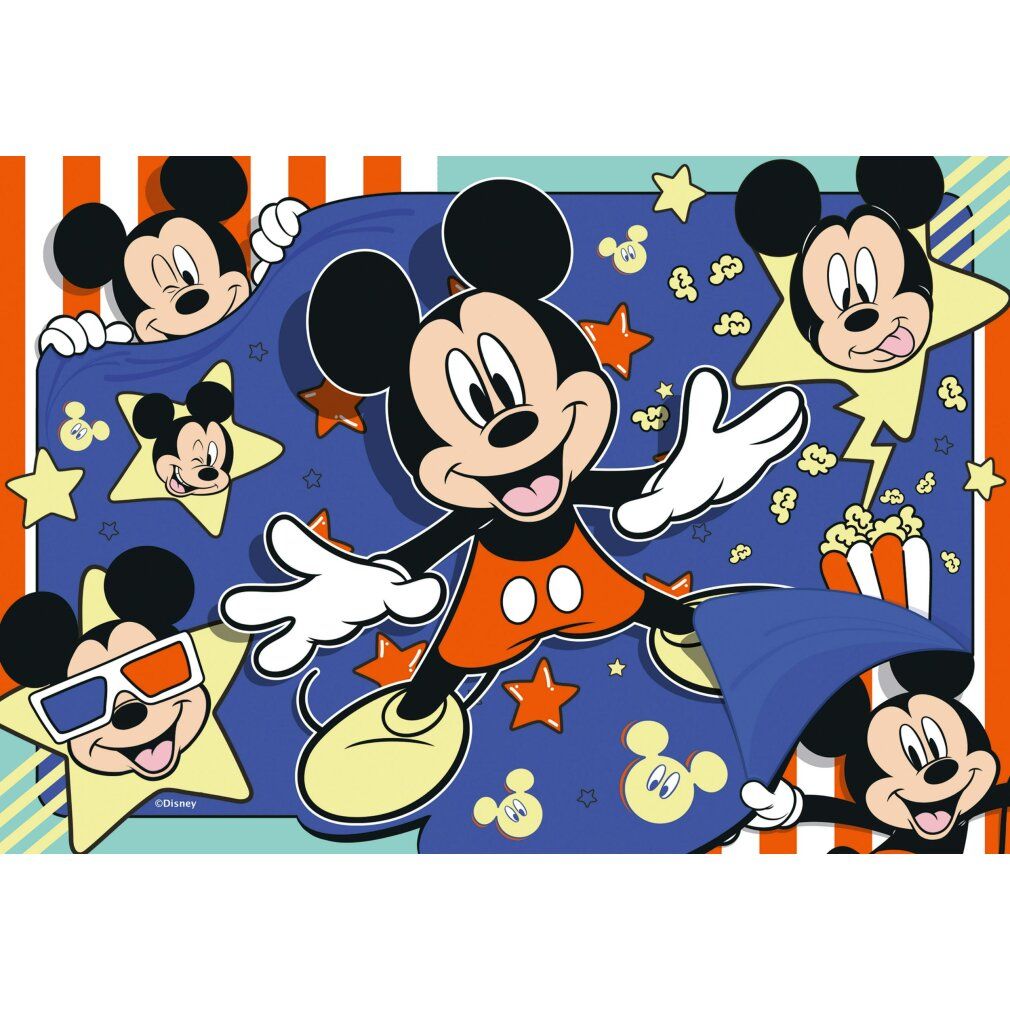 Puzzle con motivo di Mickey Mouse. Mickey in varie pose, circondato da stelle e popcorn. Design colorato.