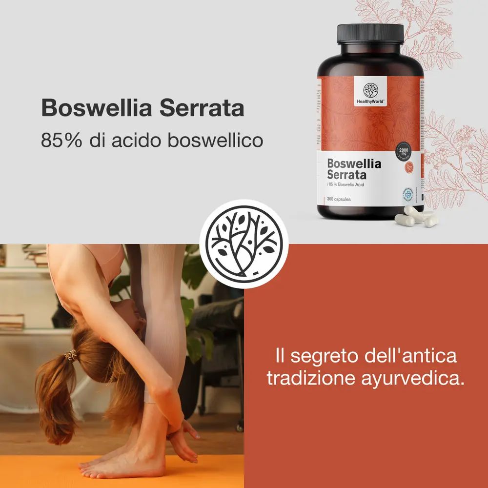 Bottiglia di Boswellia Serrata, 85% di acido boswellico, con testo sul mantenimento del comfort articolare.