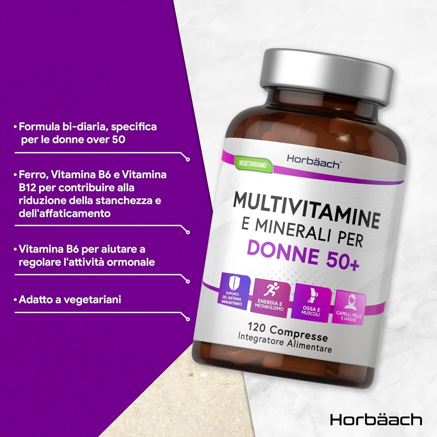 Flacone marrone con etichetta bianca e viola. Scritta: Multivitamine e minerali per donne 50+. 120 compresse. Vegetariano. Testo su sfondo viola.