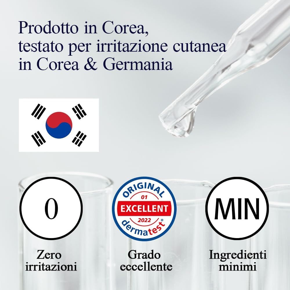 Testo: Prodotto in Corea, testato per irritazione cutanea in Corea e Germania. Bandiera coreana. 0, Excellent Grade, Ingredienti minimi.