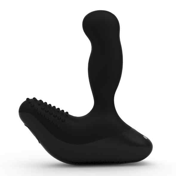 Prodotto benessere nero dalla forma ergonomica con area strutturata. Su sfondo bianco.