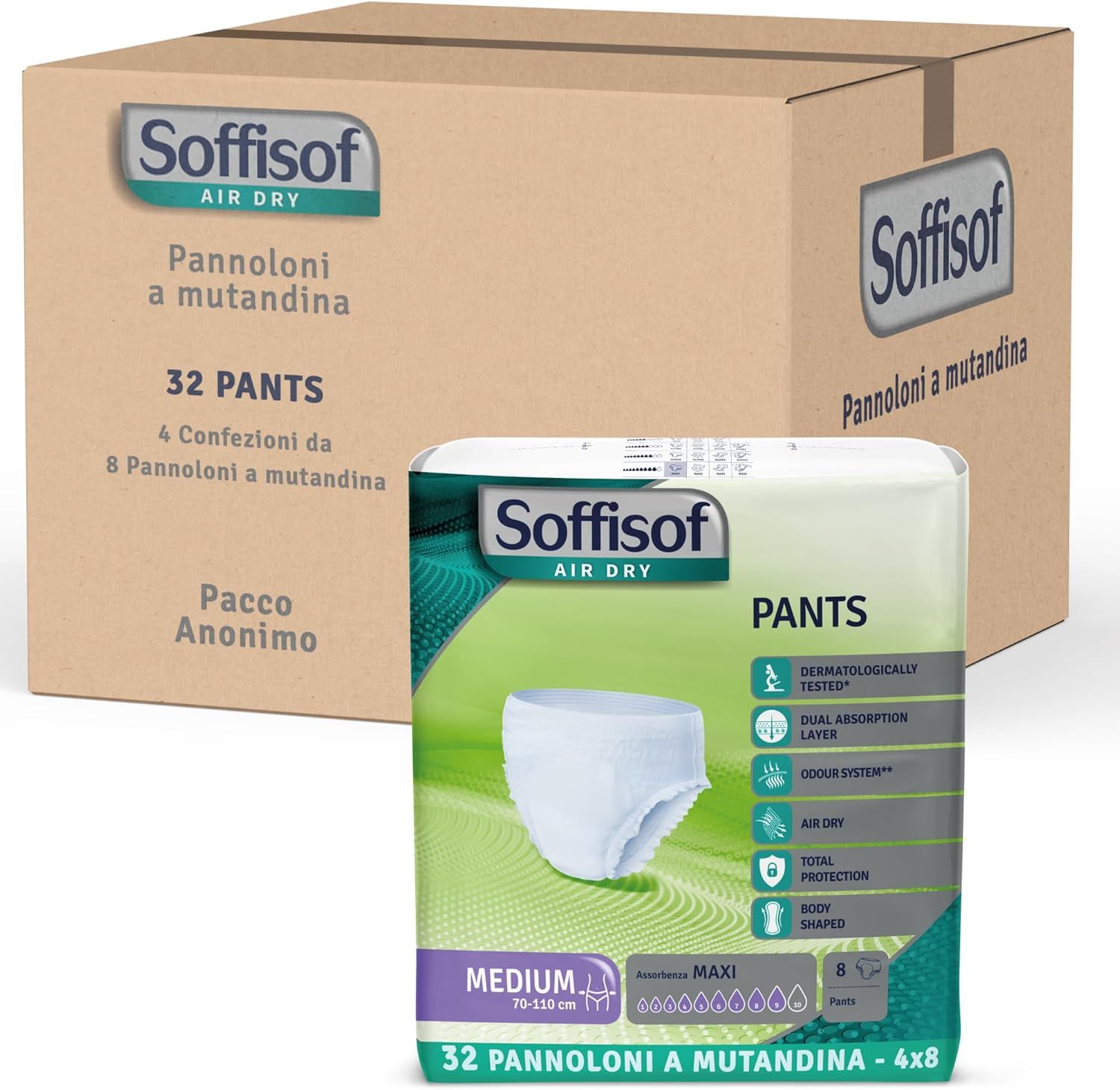 Soffisof Pants Maxi. Confezione e scatola. Medium, 70-110 cm. 32 pezzi. Confezione anonima.