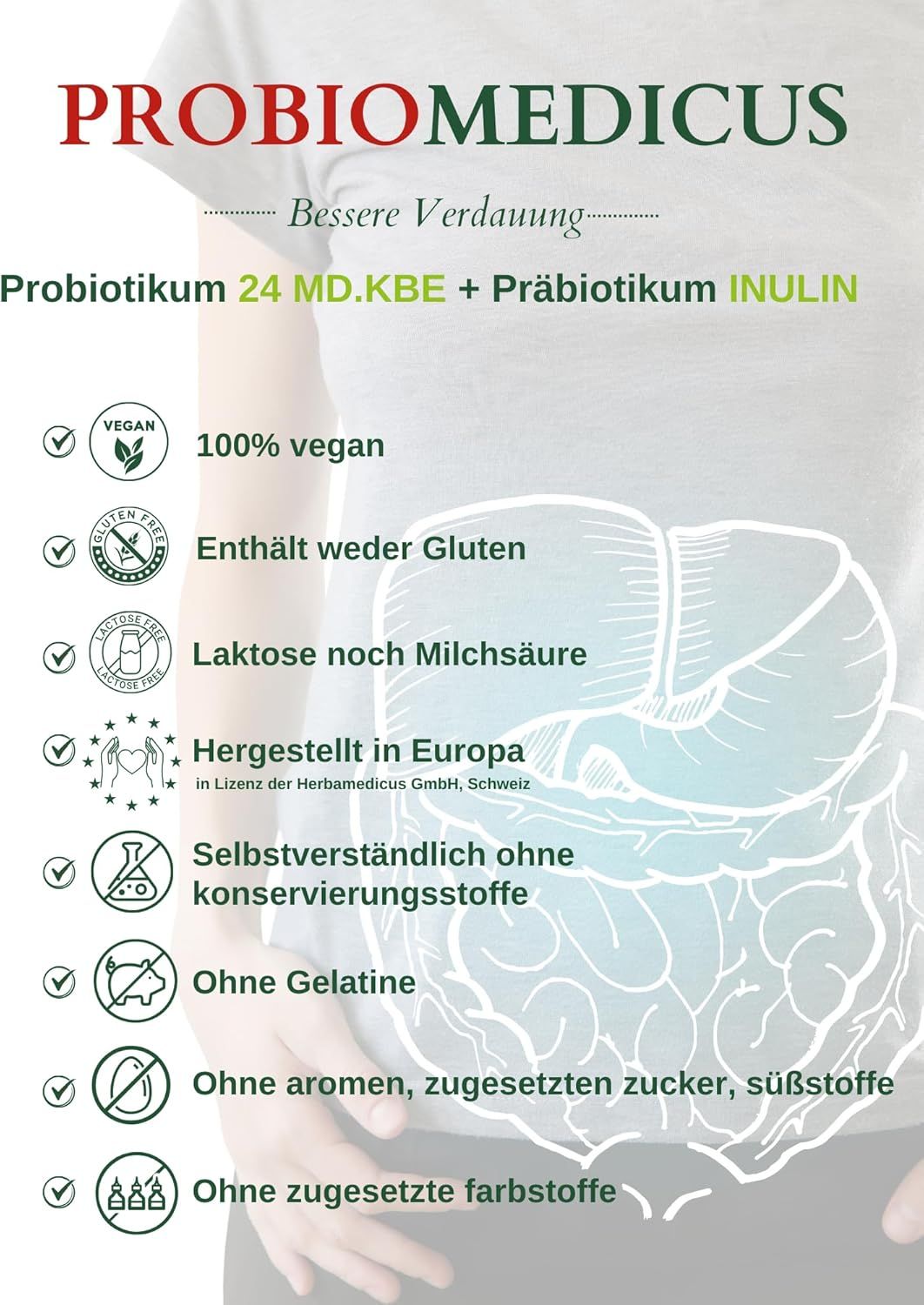 Infografica PROBIO MEDICUS. Vegano, senza glutine, senza lattosio, senza conservanti, senza aromi, senza coloranti.