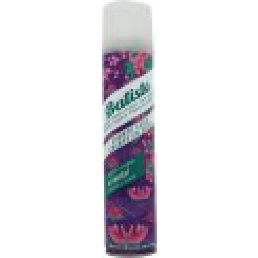 Bomboletta spray di shampoo secco. Base viola con motivo floreale. Testo: Batiste Dry Shampoo Oriental.