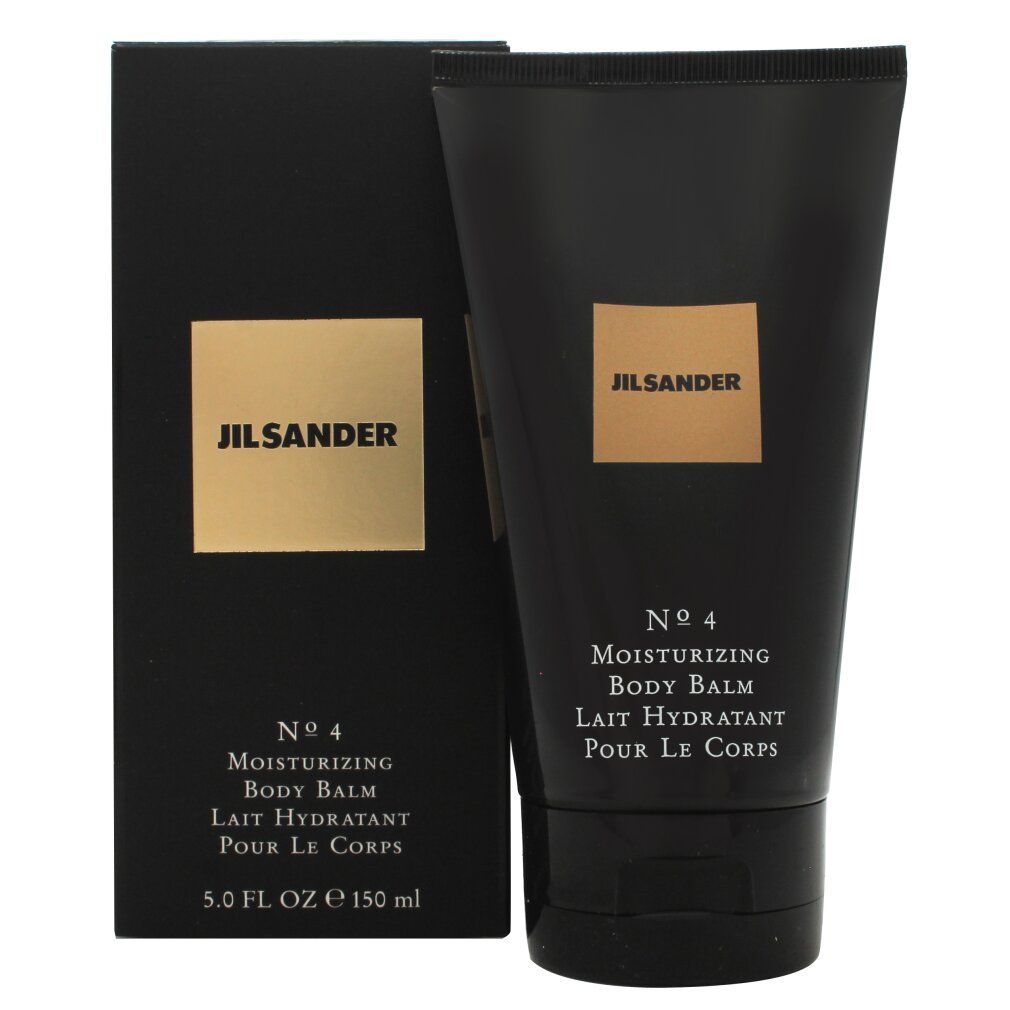 Tubo e scatola neri. Etichetta dorata con JIL SANDER. Testo: No.4 Moisturizing Body Balm, Lait Hydratant Pour Le Corps. 150 ml.