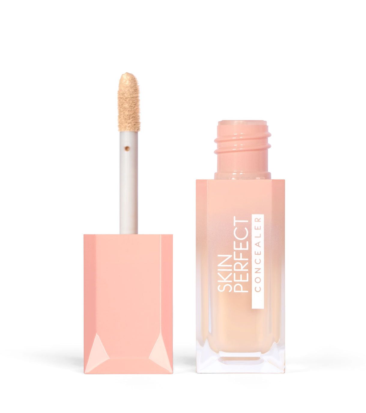 Un correttore liquido in una boccetta trasparente con tappo e applicatore rosa pallido. Il testo 'SKIN PERFECT CONCEALER' è sulla boccetta.