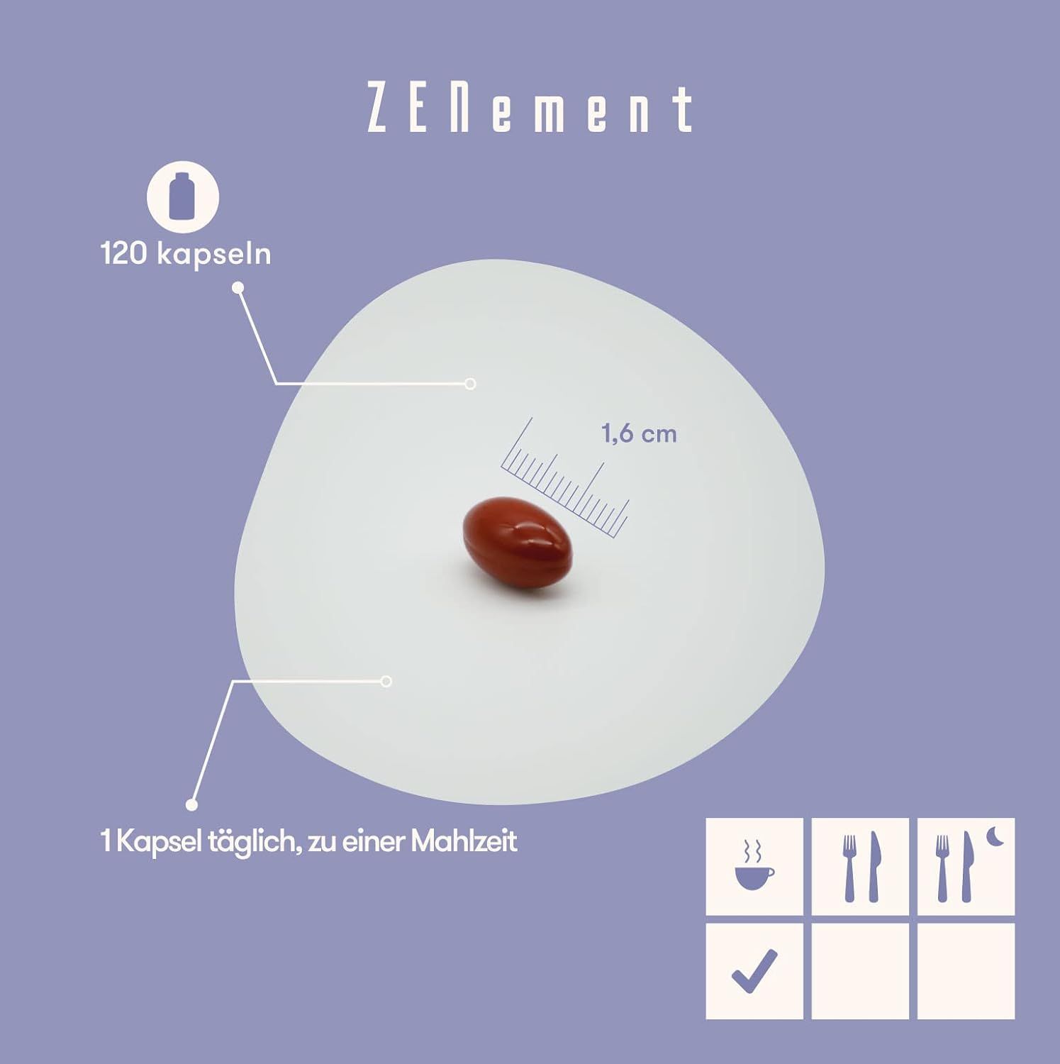 Una capsula su sfondo bianco. Scritta: 1 capsula al giorno con un pasto. Dimensioni: 1,6 cm. 120 capsule.