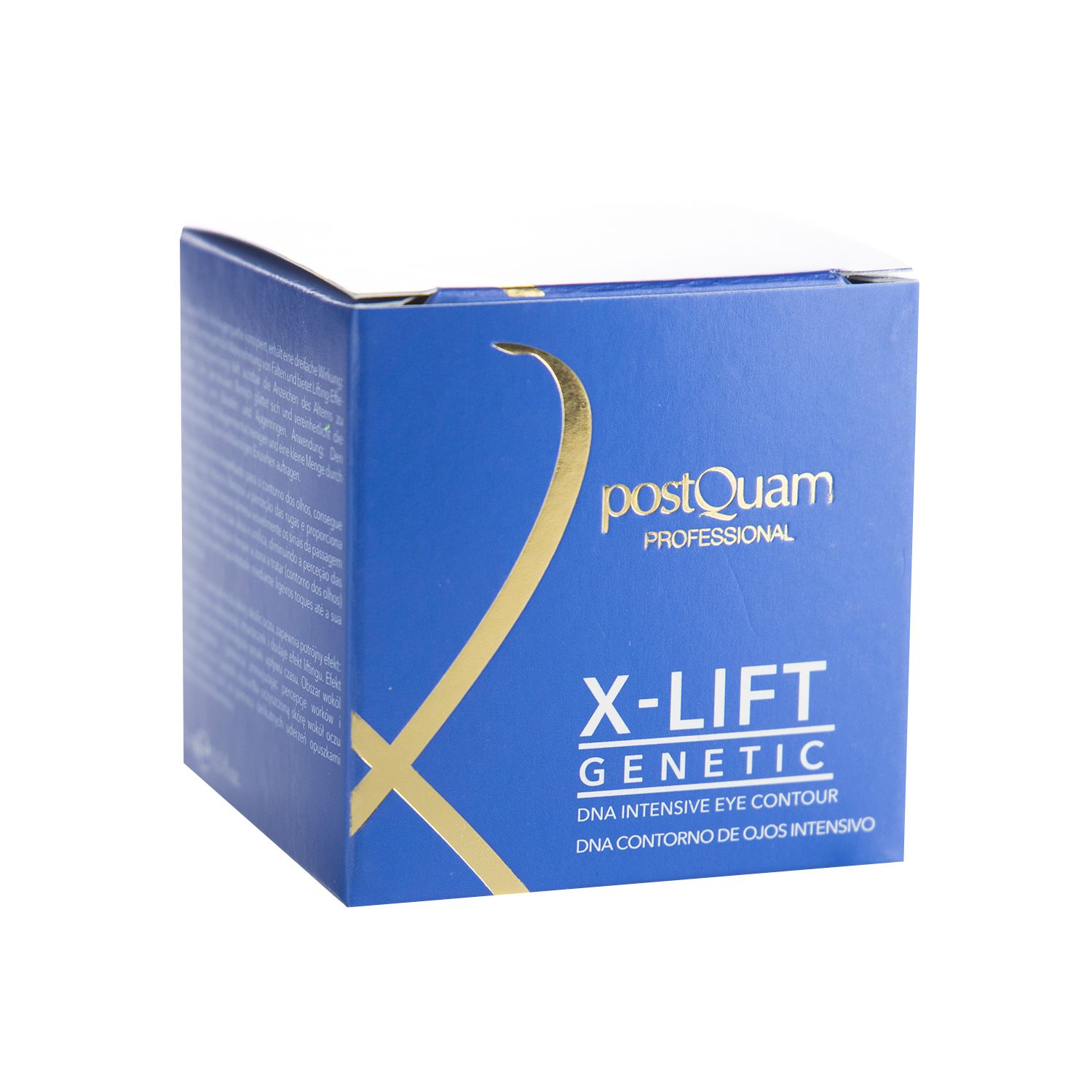 Confezione blu con logo dorato e scritta: X-LIFT GENETIC, DNA Intensive Eye Contour.
