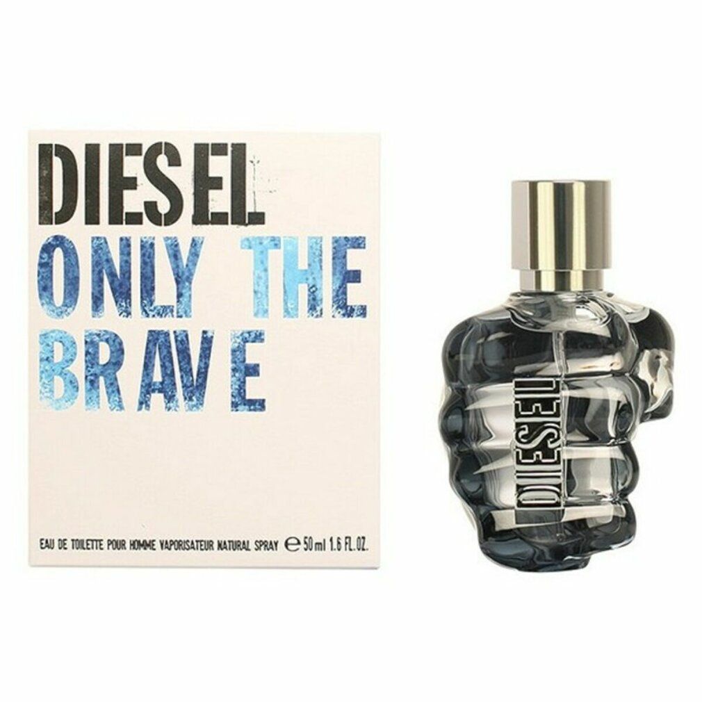 Flacone di profumo e confezione. Sulla confezione c'è scritto "DIESEL ONLY THE BRAVE".