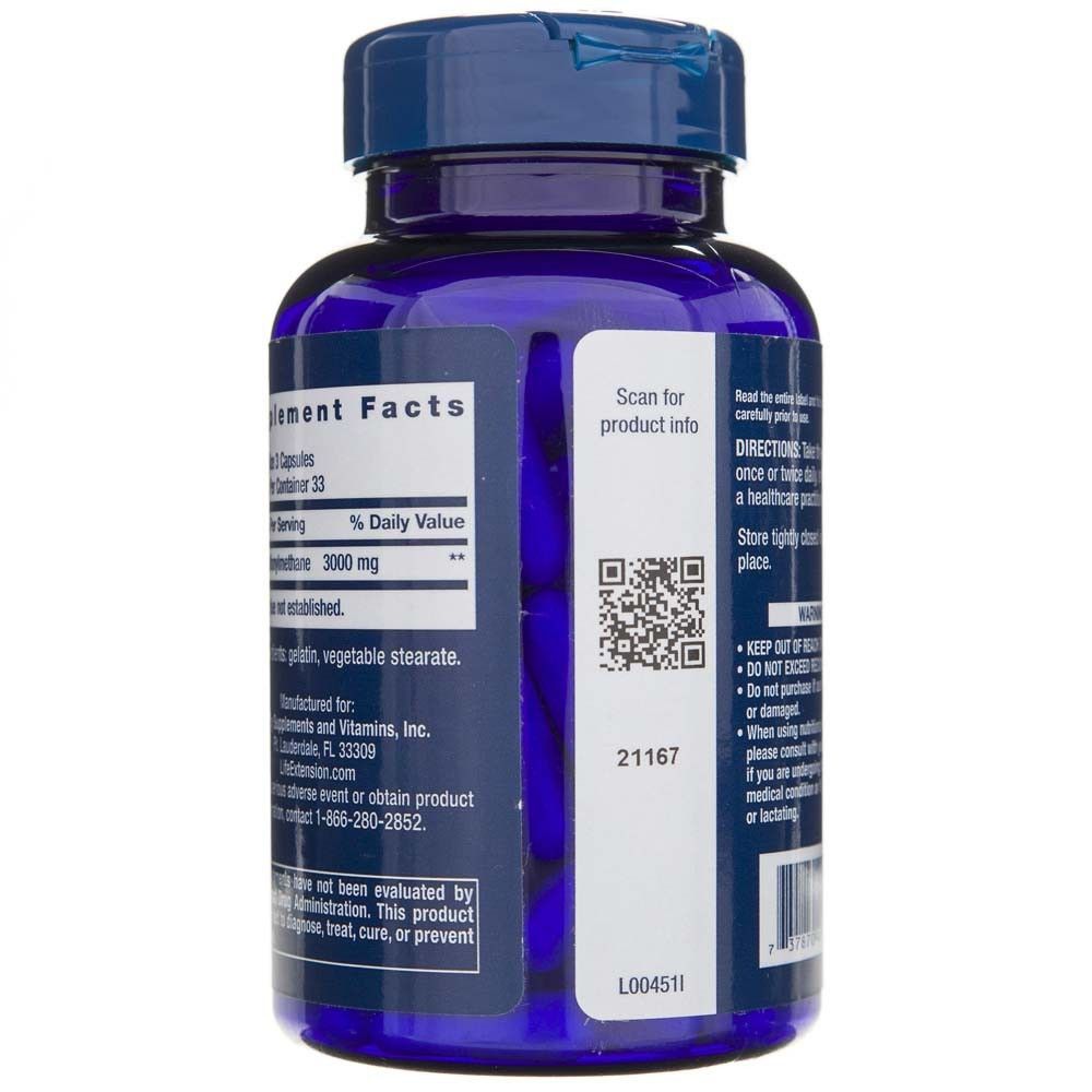 Lato della bottiglia Life Extension MSM 1000 mg con codice QR e codice a barre per informazioni sul prodotto.