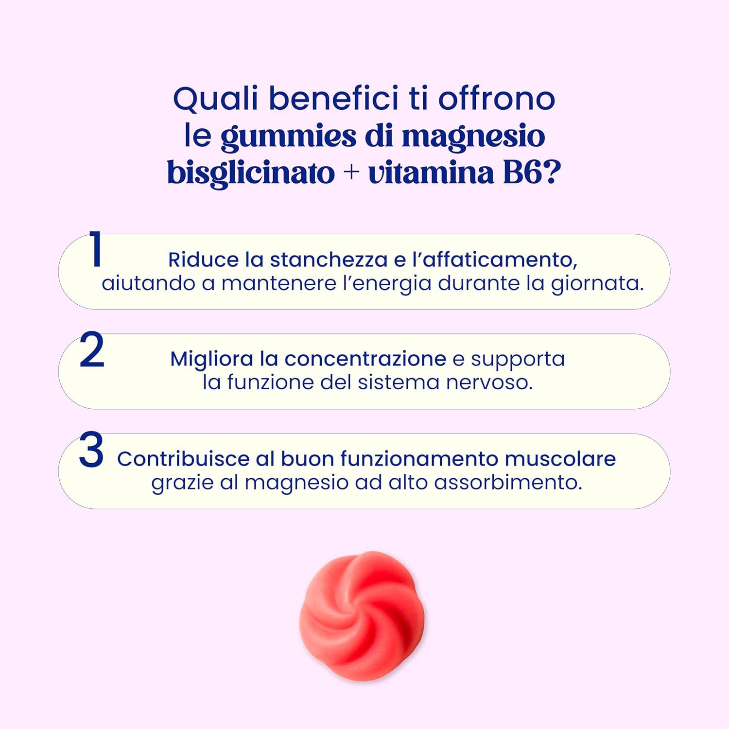 Testo con i benefici delle caramelle gommose al magnesio bisglicinato + vitamina B6. Caramella rossa in basso.
