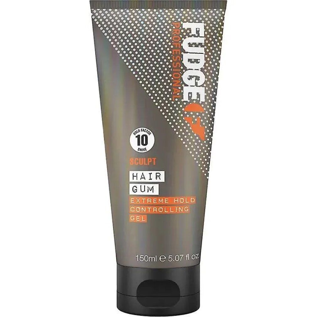 Tubo grigio con tappo nero. Scritte: "Fudge Professional", "Sculpt Hair Gum", "Extreme Hold Controlling Gel".