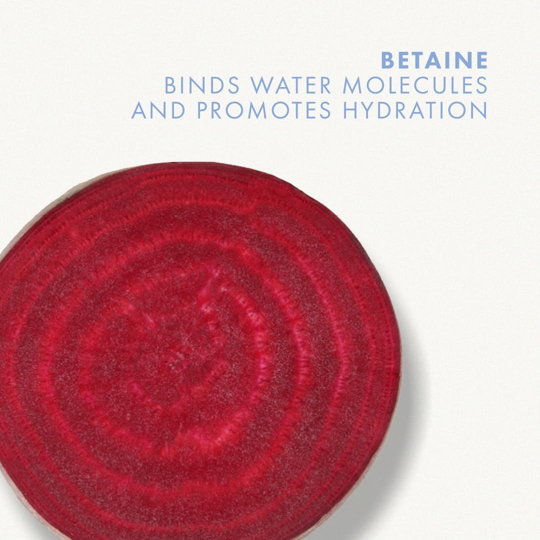 Primo piano di un ortaggio rosso circolare. Testo: La betaina lega le molecole d'acqua e favorisce l'idratazione.