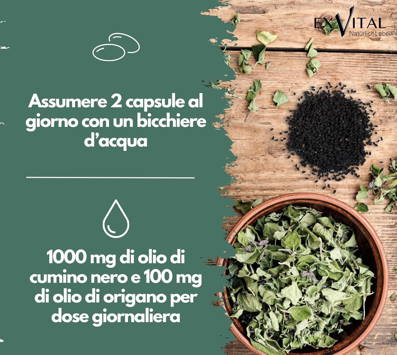 Capsule e ingredienti su legno. Testo: 2 capsule al giorno con acqua. 1000 mg olio di cumino nero e 100 mg olio di origano.