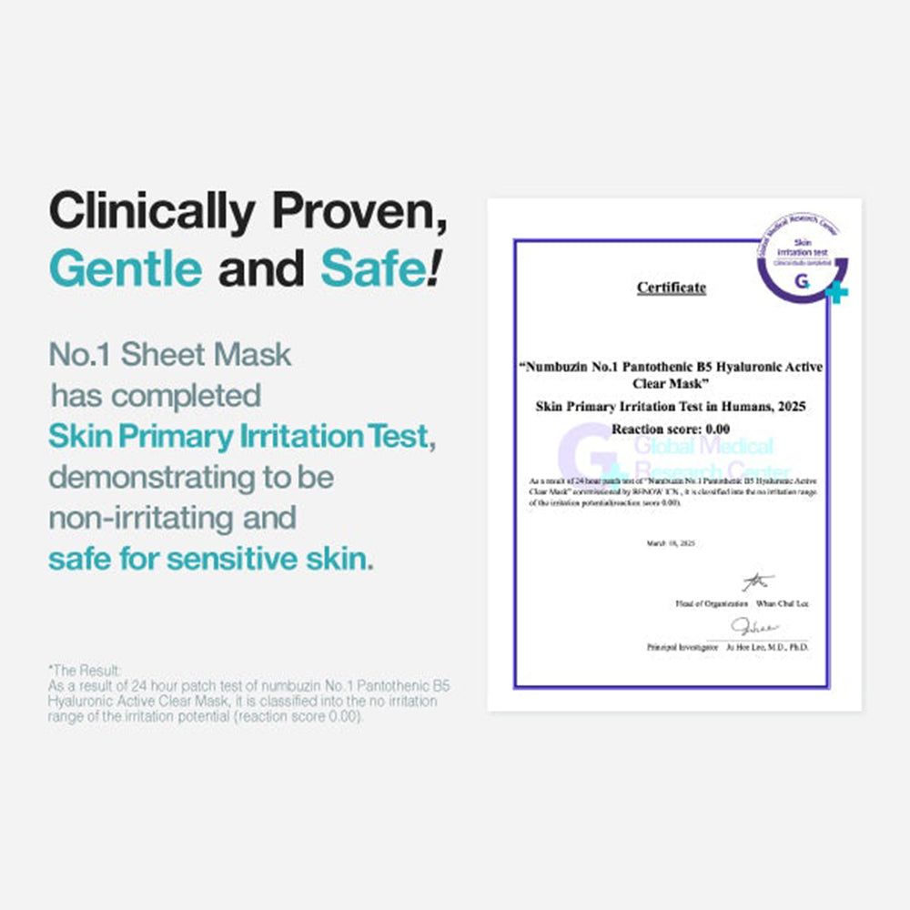 Certificato di test di irritazione cutanea per una maschera in tessuto con acido ialuronico e B5.