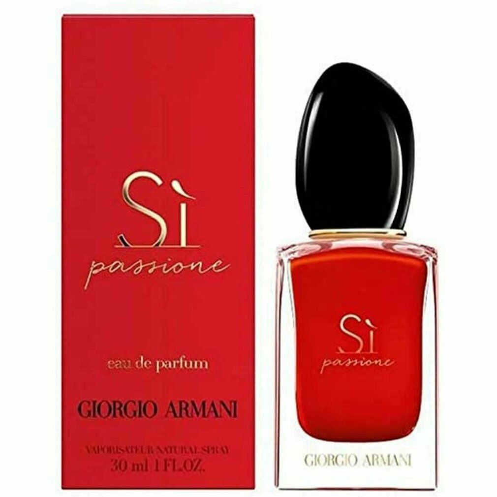 Scatola e flacone rossi. Scritta: Sì Passione, eau de parfum, Giorgio Armani. Flacone con tappo nero.