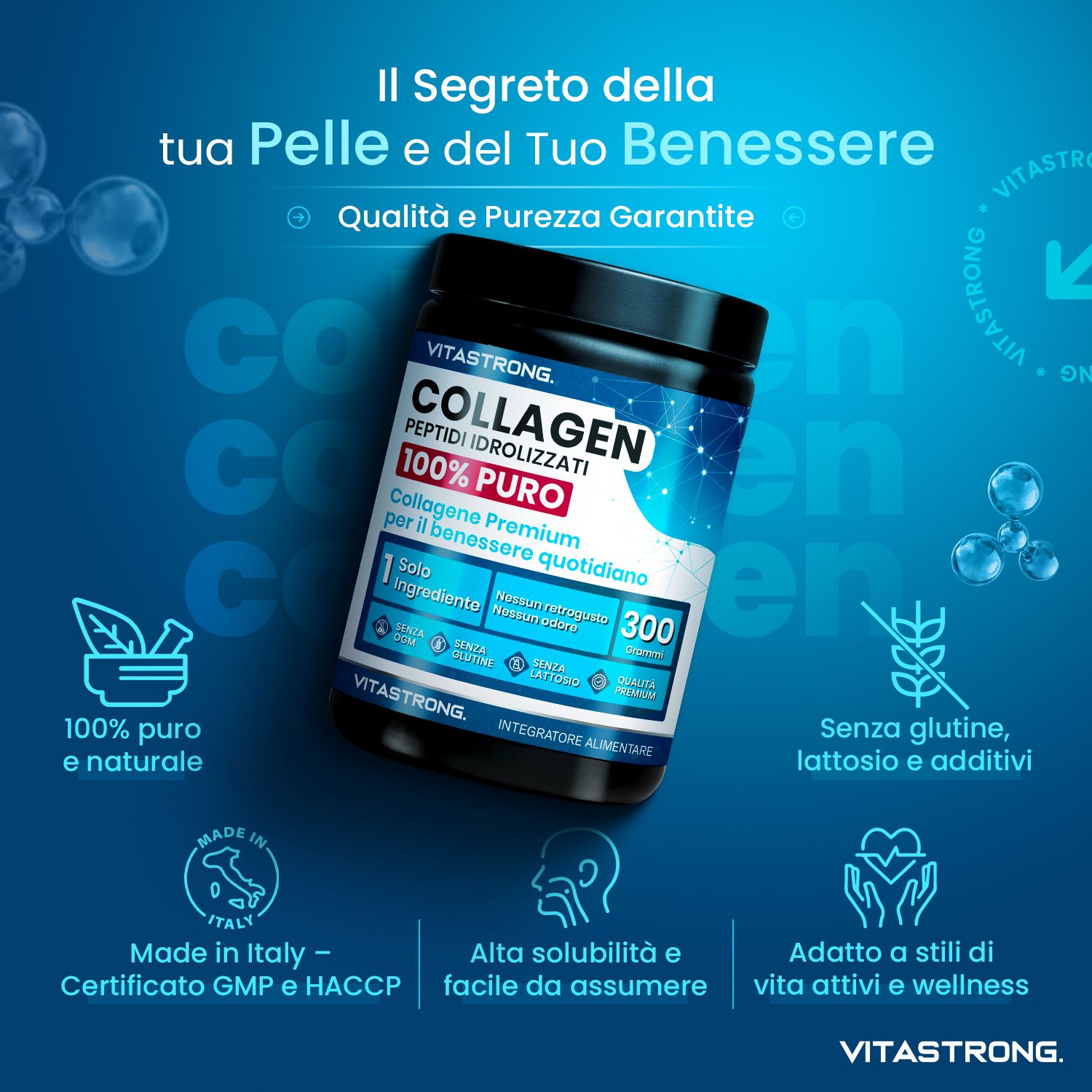 Vitastrong Collagene, barattolo da 300 g. 100% puro, senza glutine, lattosio e additivi. Prodotto in Italia.