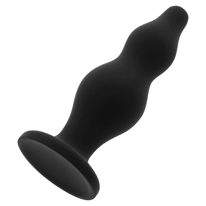 Plug anale in silicone nero, forma ondulata, base ampia, estremità affusolata.