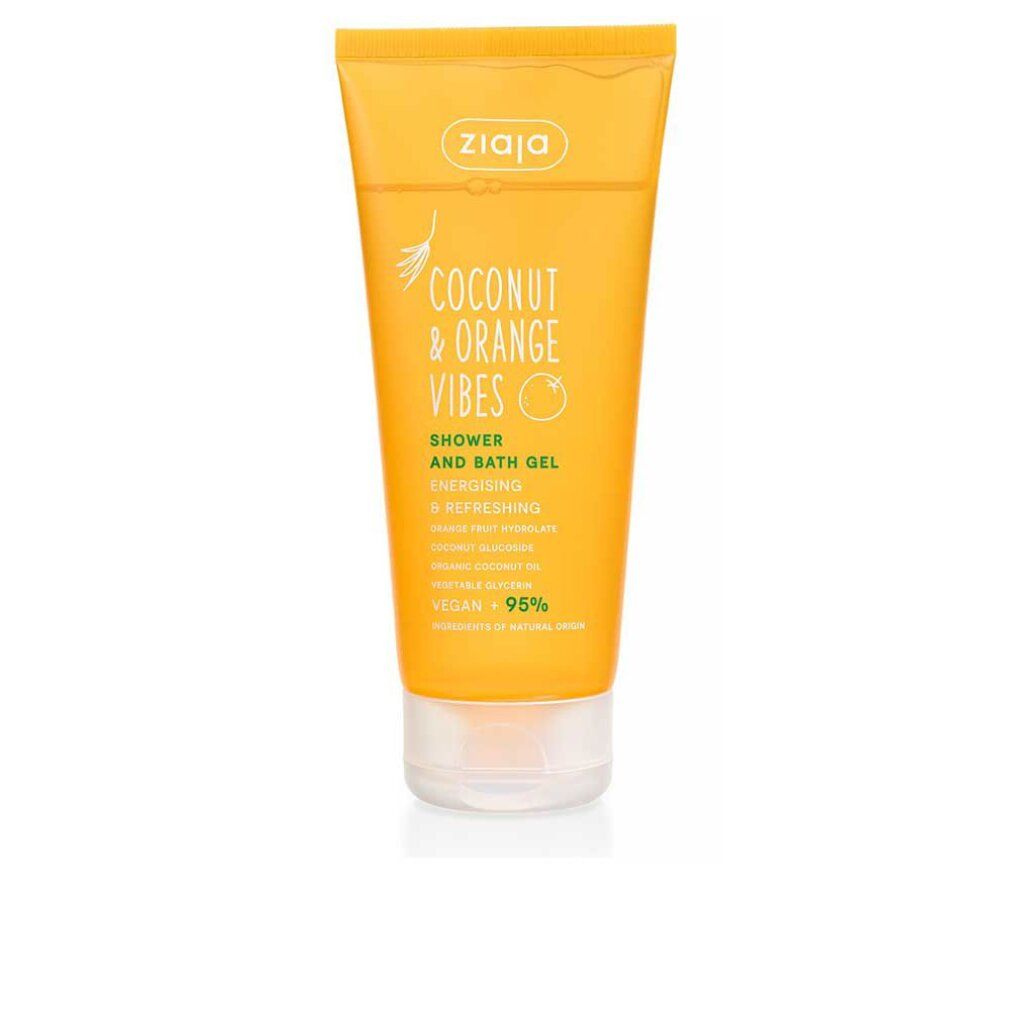 Tubo giallo con testo. Scritta: Coconut & Orange Vibes, Shower and Bath Gel, marchio Ziaja, vegano.