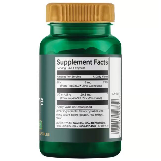 Retro del flacone verde. Scritta: Supplement Facts, Zinco, L-Carnosina, ingredienti, Swanson Health Products.
