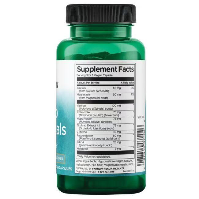 Retro di un flacone verde. Etichetta con informazioni nutrizionali: Valeriana, Luppolo, GABA, Melatonina. 60 capsule vegane.