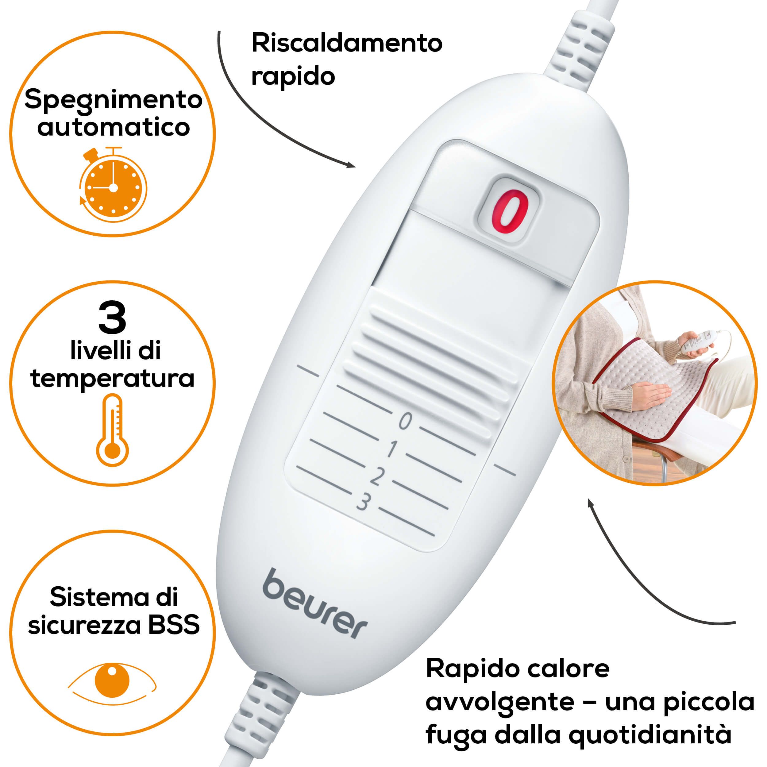 Primo piano del controllo. 3 livelli di temperatura, spegnimento automatico, sistema di sicurezza. Logo Beurer.