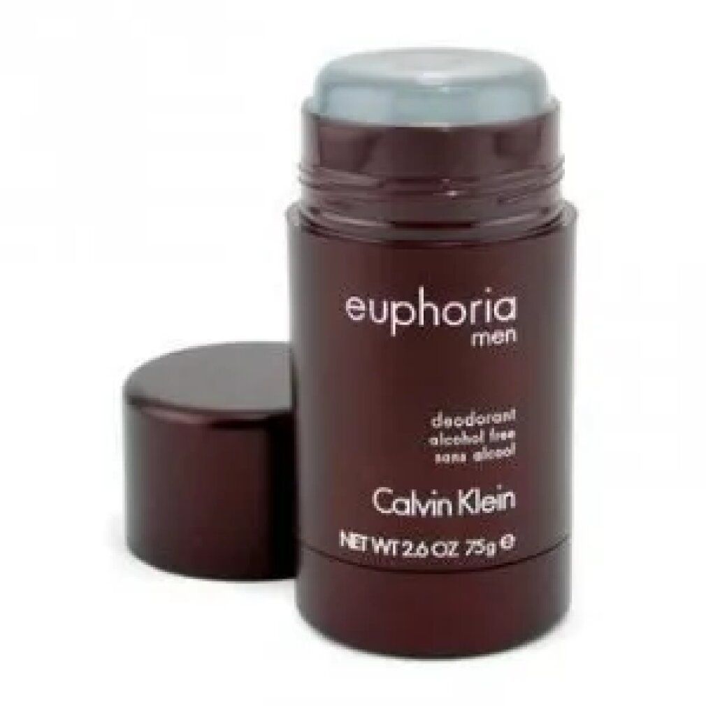 Stick deodorante, coperchio accanto. Scritte: euphoria men, deodorant alcohol free, Calvin Klein. Peso netto 75g. Marrone.