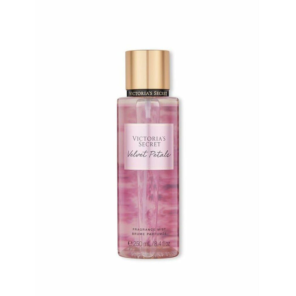 Spray per il corpo con tappo dorato. Scritta: Victoria's Secret Velvet Petals. 250 ml.