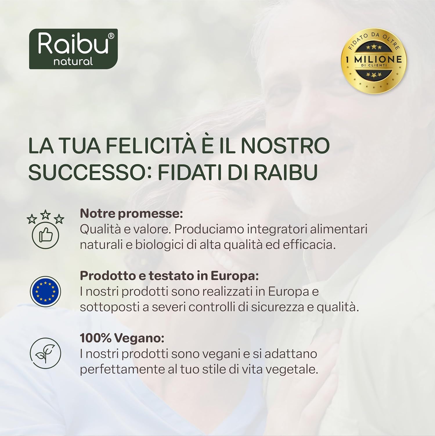 Testo: La tua felicità è il nostro successo. Fidati di Raibu. Sigillo: 1 milione di fiducia.