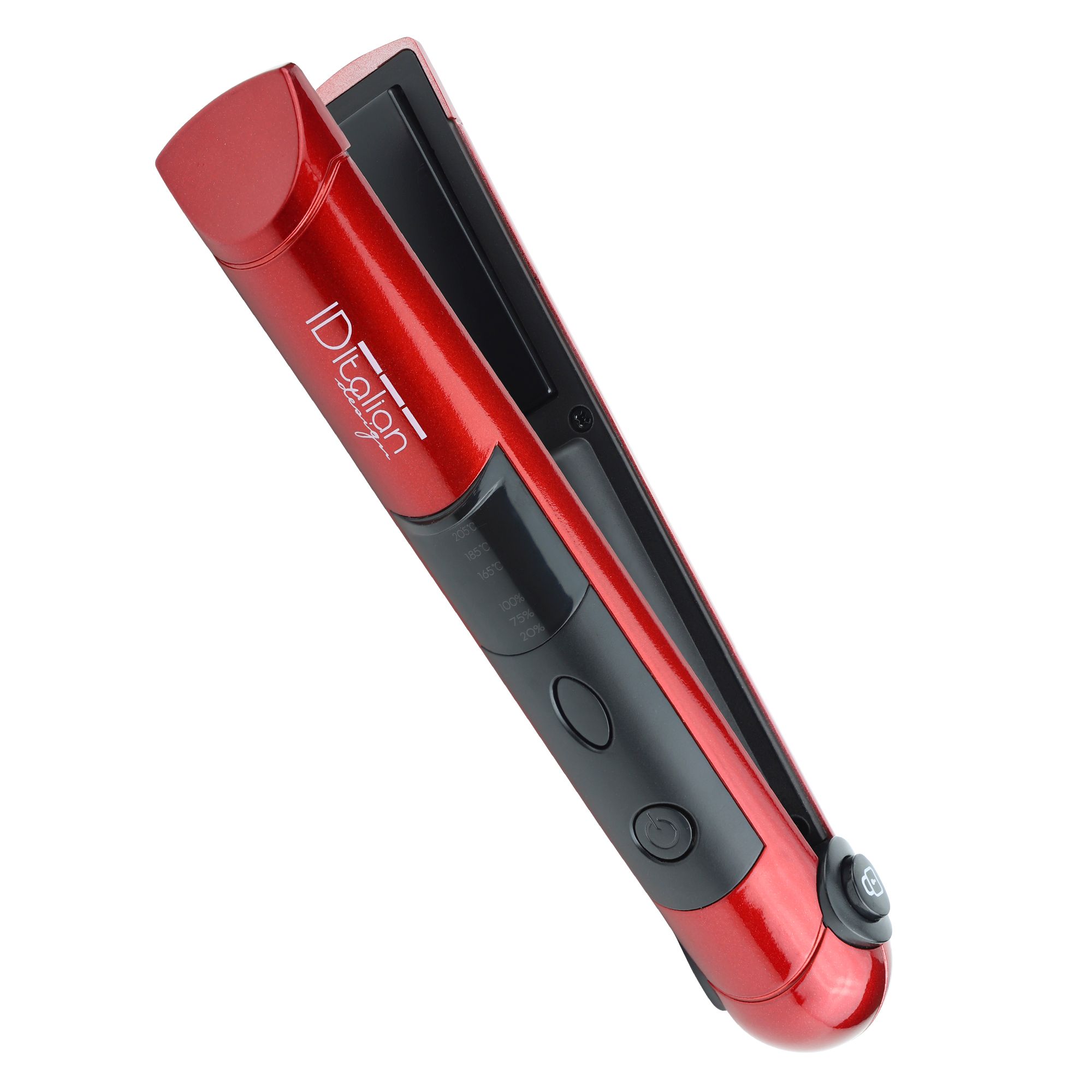 Arricciacapelli rosso senza fili ricaricabile via USB, visto di tre quarti dall'alto.