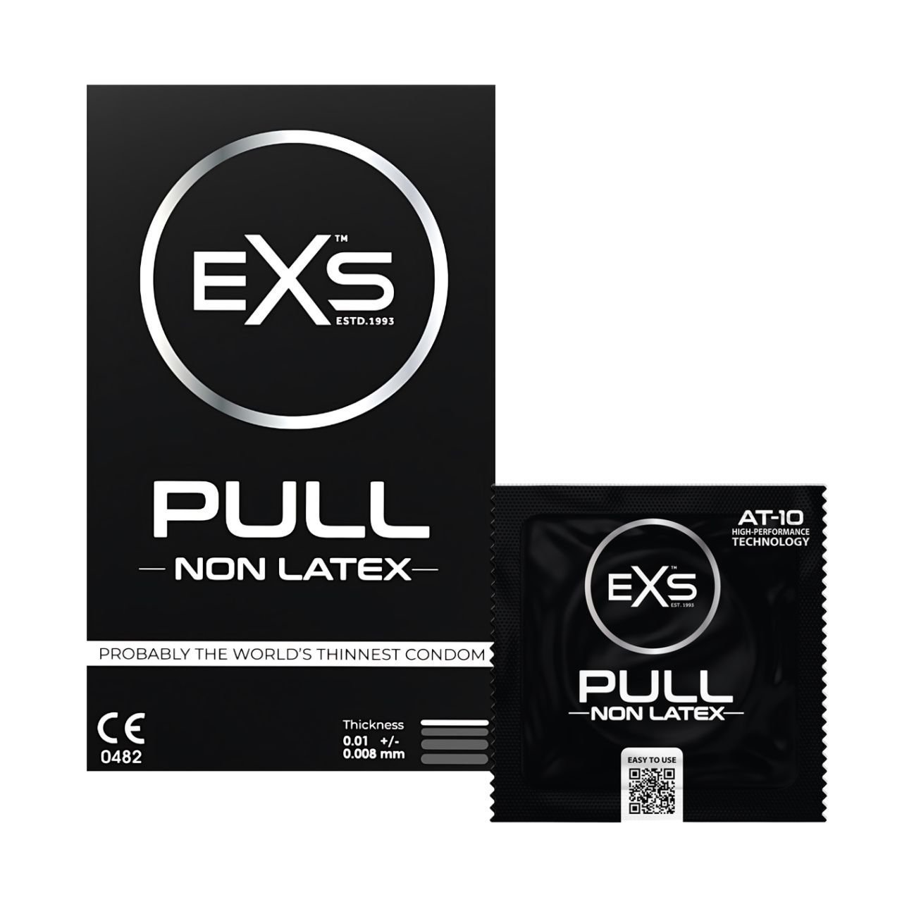 Confezione e singolo involucro di preservativi EXS PULL Non-Latex. Preservativi più sottili, certificati CE 0482.