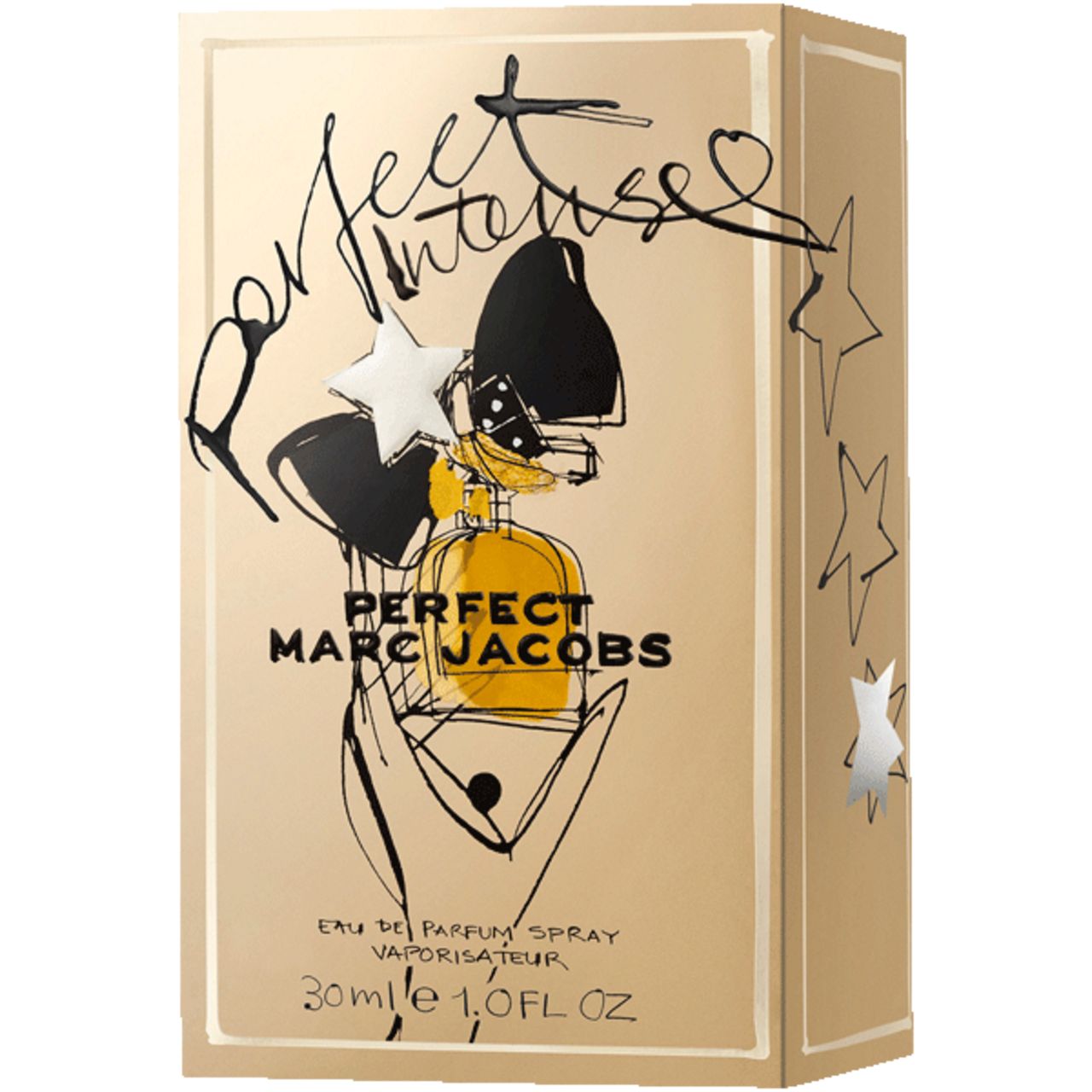 Confezione con scritta: Perfect Marc Jacobs Intense. Confezione dorata con illustrazione e stelle. 30ml 1.0FL OZ.
