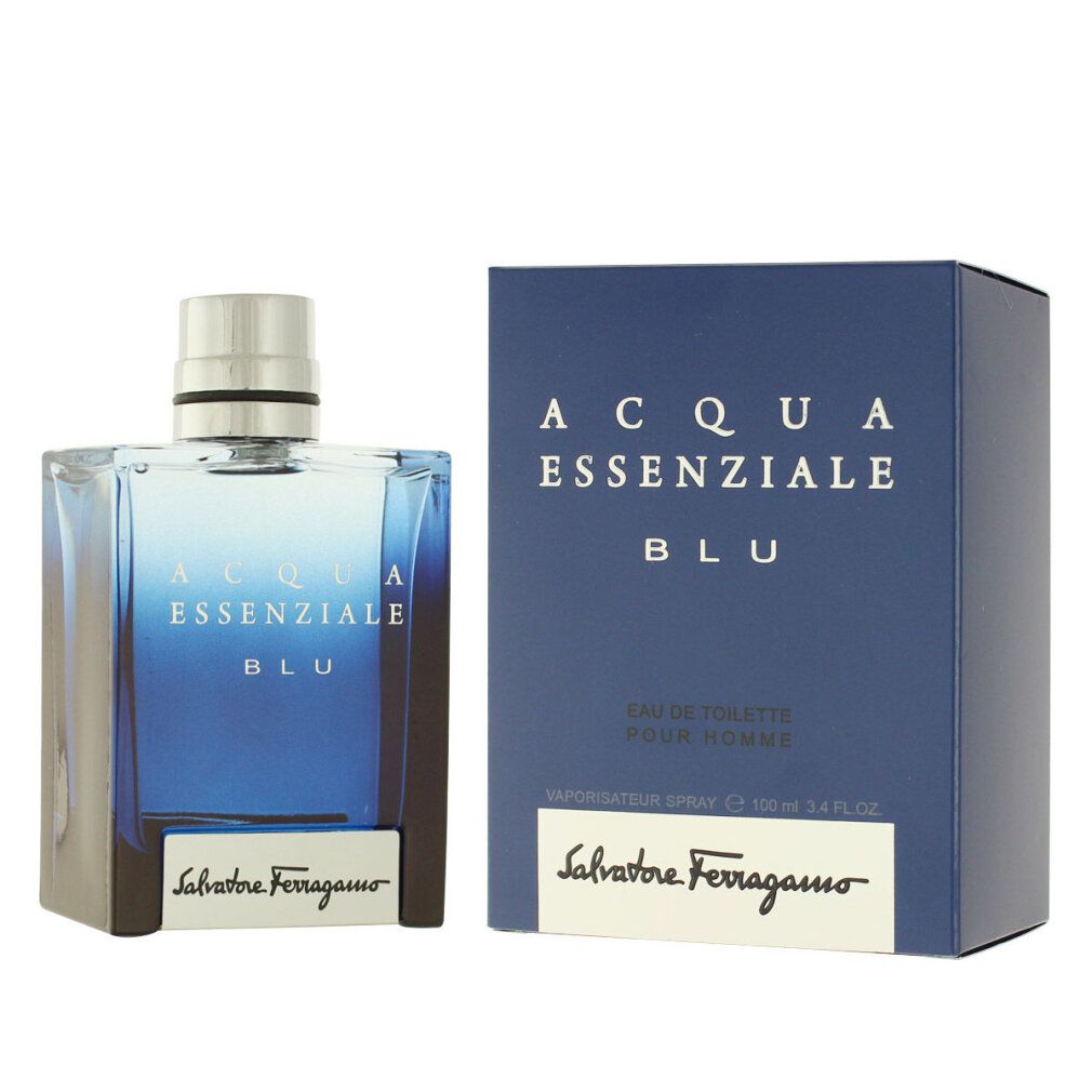 Flacone di profumo blu e scatola. Scritta: Acqua Essenziale Blu, Salvatore Ferragamo. Flacone con tappo argentato.