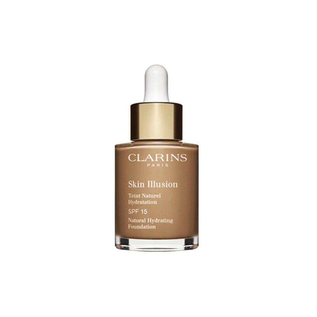 Flacone di fondotinta liquido. Scritte: Clarins, Skin Illusion, Teint Naturel Hydratation, SPF 15, Natural Hydrating Foundation.