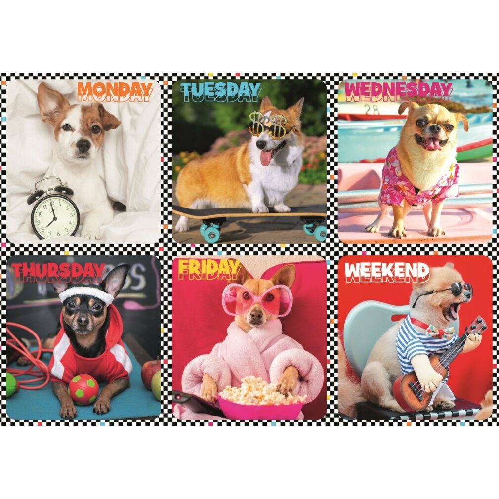 Scatola puzzle con sei cani che rappresentano i giorni della settimana. Il puzzle ha 200 pezzi ed è adatto a bambini dai 7 anni in su.