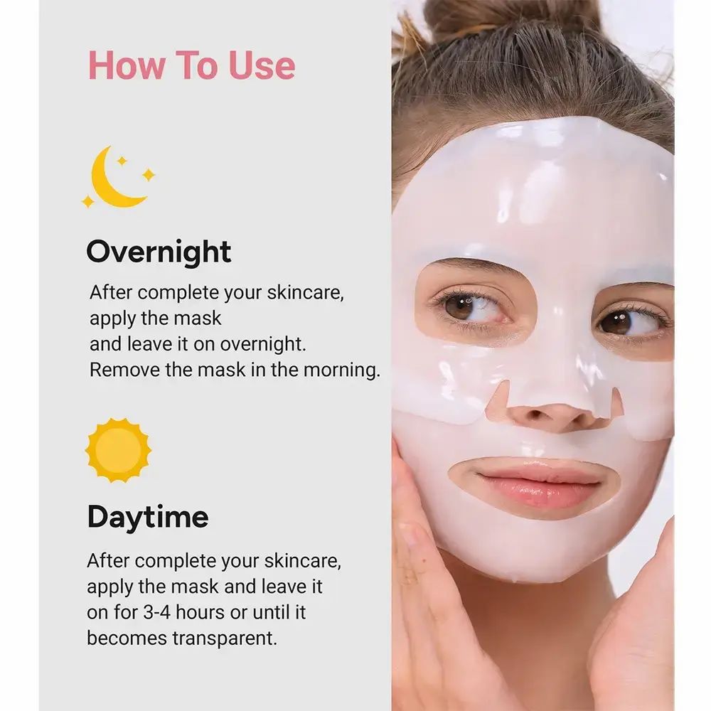 Istruzioni per l'uso della maschera viso. Testo: Overnight e Daytime. Una donna indossa la maschera.