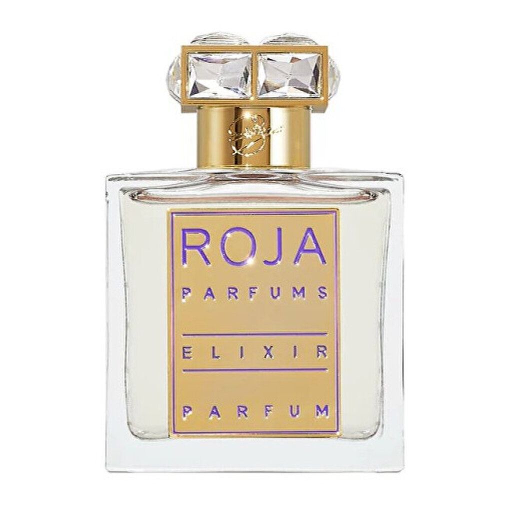 Flacone di profumo quadrato. Scritta: Roja Parfums Elixir Parfum. Tappo con cristalli.