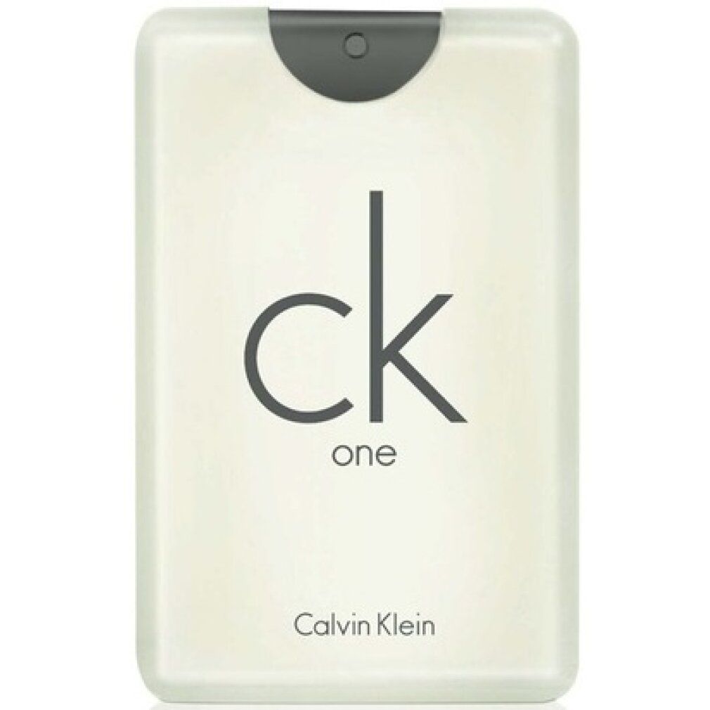 Flacone rettangolare con vaporizzatore. Scritta "ck one" e "Calvin Klein".