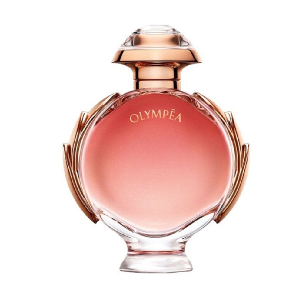 Flacone Olympéa E.d.P. Nat. Spray. Rotondo, sfumatura rosa, dettagli dorati. Base in vetro trasparente.