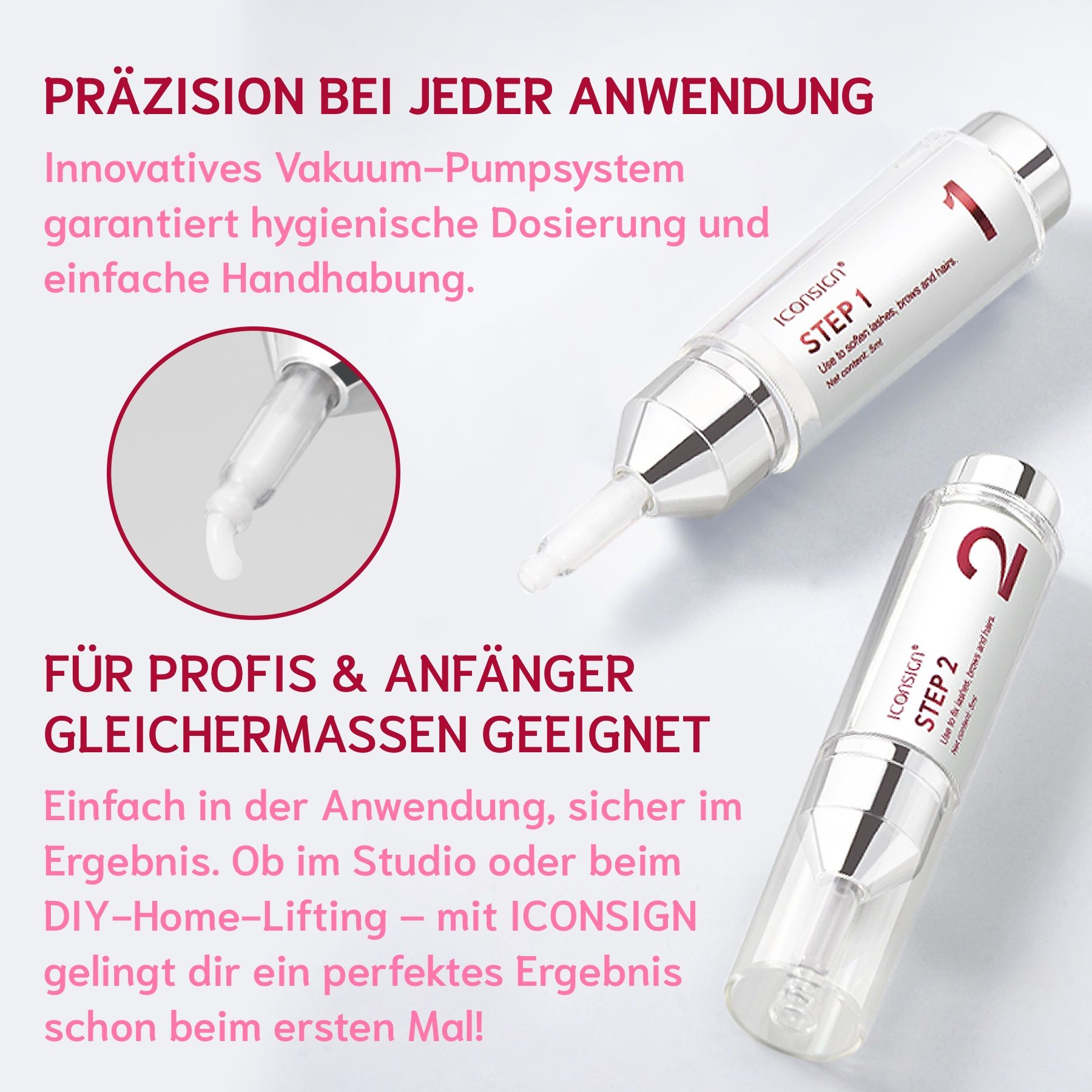 Due flaconi con "STEP 1" e "STEP 2". Sui flaconi c'è scritto "ICONSIGN". Testo sulla precisione e un sistema a pompa.