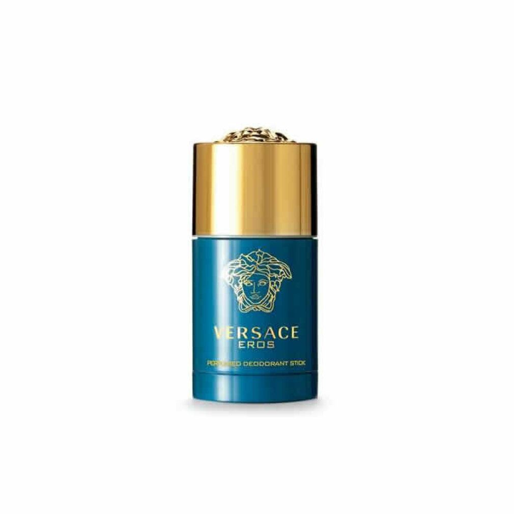 Stick deodorante blu con tappo dorato. Scritta VERSACE EROS. Logo Medusa dorato. Testo: PERFUMED DEODORANT STICK.