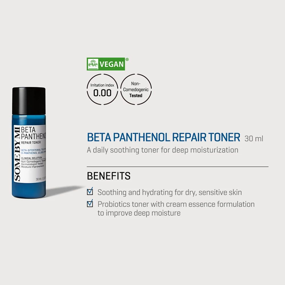 Flacone blu con tappo nero. Testo: BETA PANTHENOL REPAIR TONER, 30 ml. Sigillo Vegan. Informazioni su irritazione e non comedogeno.
