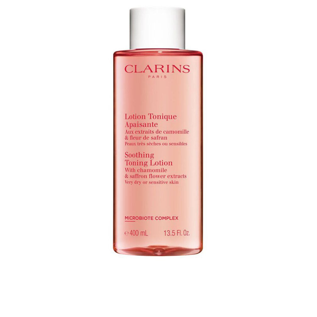Flacone rettangolare rosa con tappo bianco. Scritte: CLARINS, Lotion Tonique Apaisante, Soothing Toning Lotion.