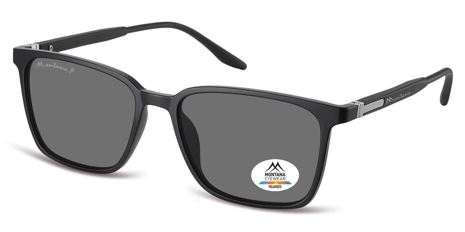 Occhiali da sole neri con lenti rettangolari. Logo Montana Eyewear sull'asta e sulla lente. Lenti polarizzate.