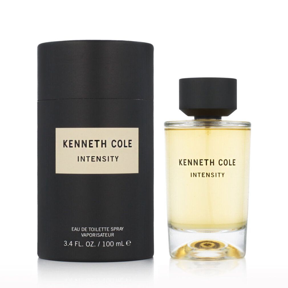 Confezione nera e flacone. Scritta: Kenneth Cole Intensity. Flacone con liquido giallo. Eau de Toilette Spray.