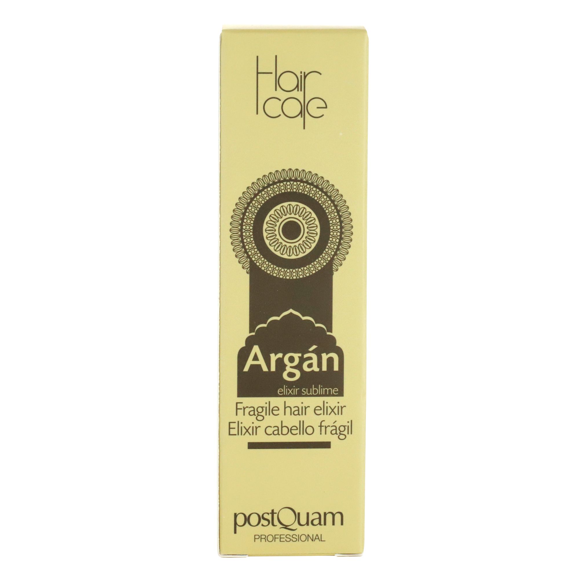 Confezione beige con scritta: Argán, Fragile hair elixir, PostQuam. Motivo decorativo.