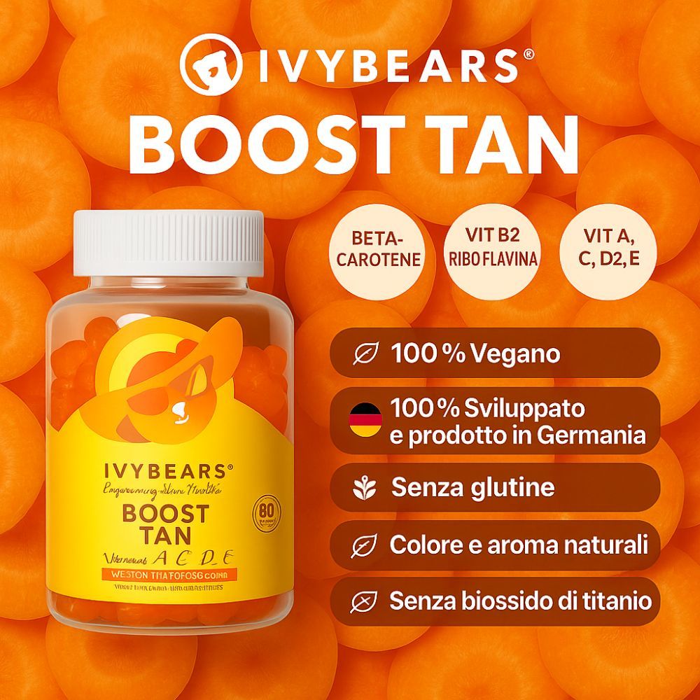 Flacone di prodotto in piscina. Personaggi a forma di orsetti gommosi in acqua. Testo: IVYBEARS Boost Tan. Con beta-carotene.