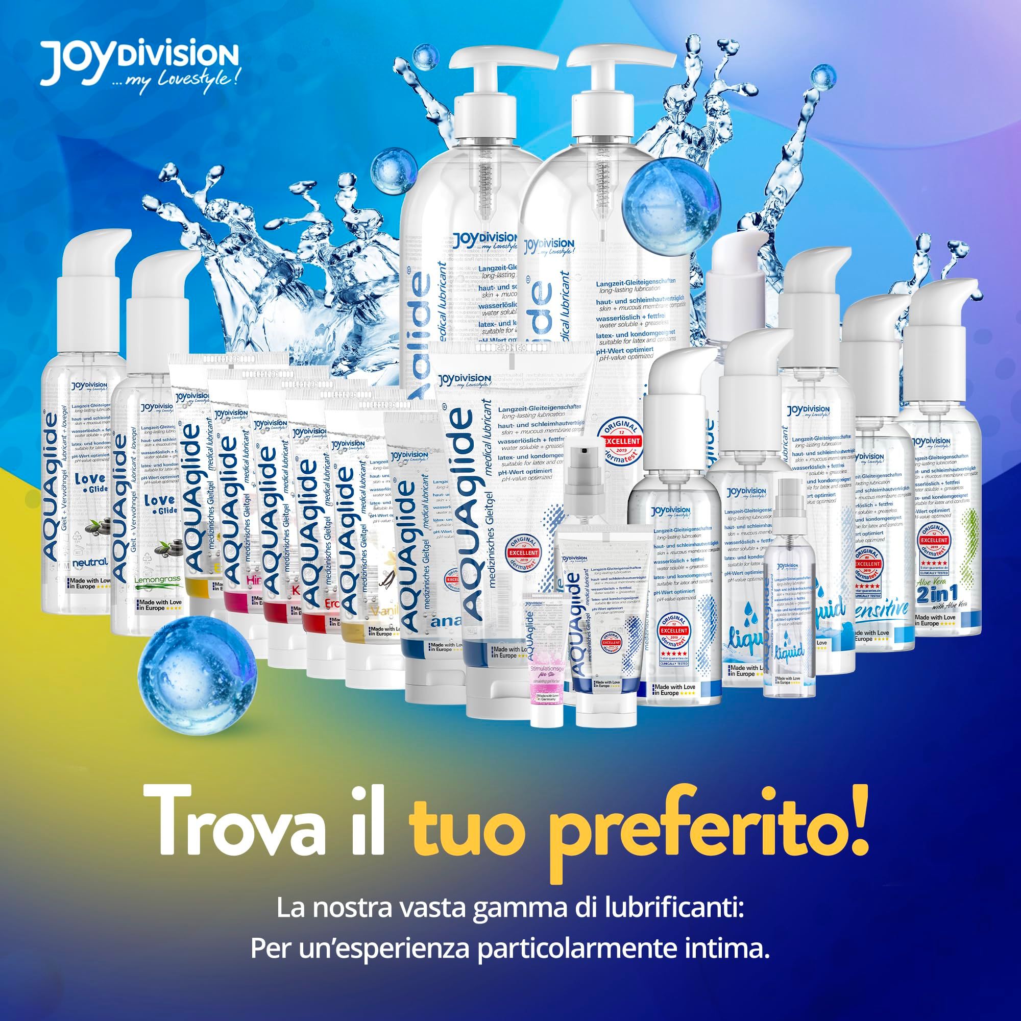 Varietà di lubrificanti AQUAGLIDE in diverse bottiglie e tubi.
