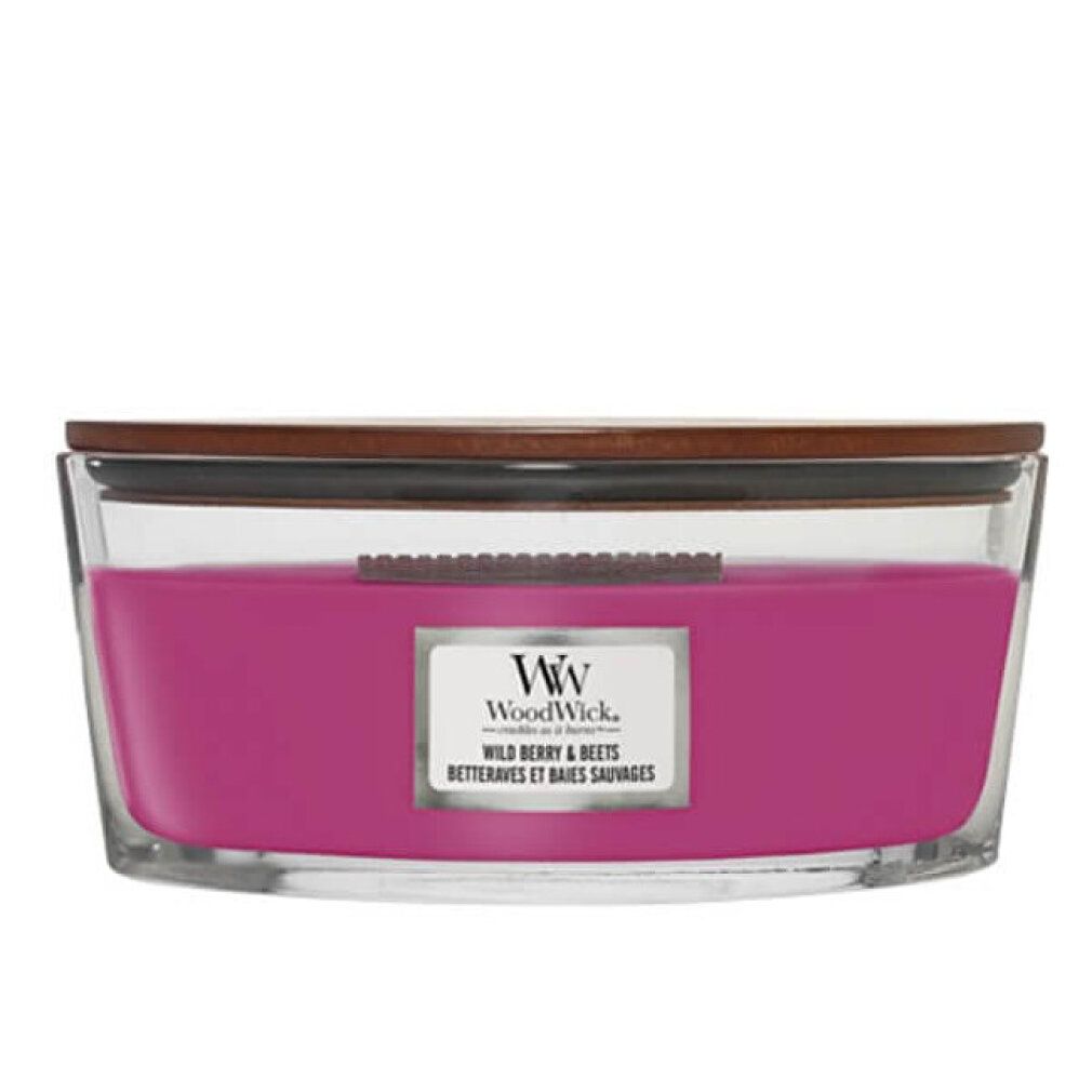 Candela Ellisse con coperchio in legno. Cera rosa in contenitore di vetro. Etichetta con nome e marchio.