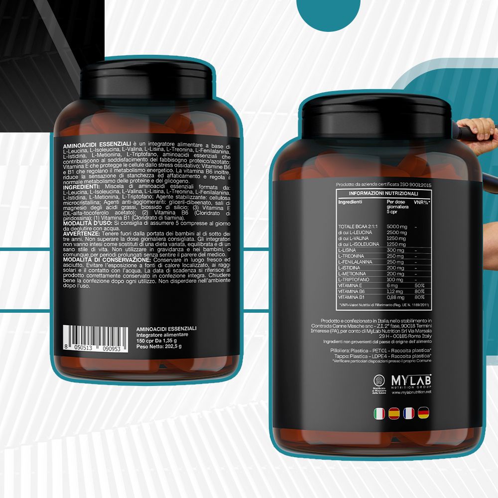 Due flaconi Aminoacidi Essenziali. Retro con informazioni nutrizionali. Codice a barre. Testo: Aminoacidi Essenziali, 150 CPR. Peso: 200 g.